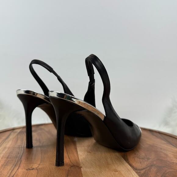 Nine West Sz 8M Black Silver Cap Toe Pointed Slingback Stiletto Heels Pumps Chic - Picture 4 of 14